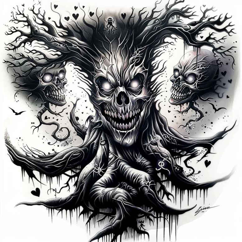 Black and grey skull entwined with a dark tree, branches and roots; cover-up ready tattoo design concept (AI-generated).