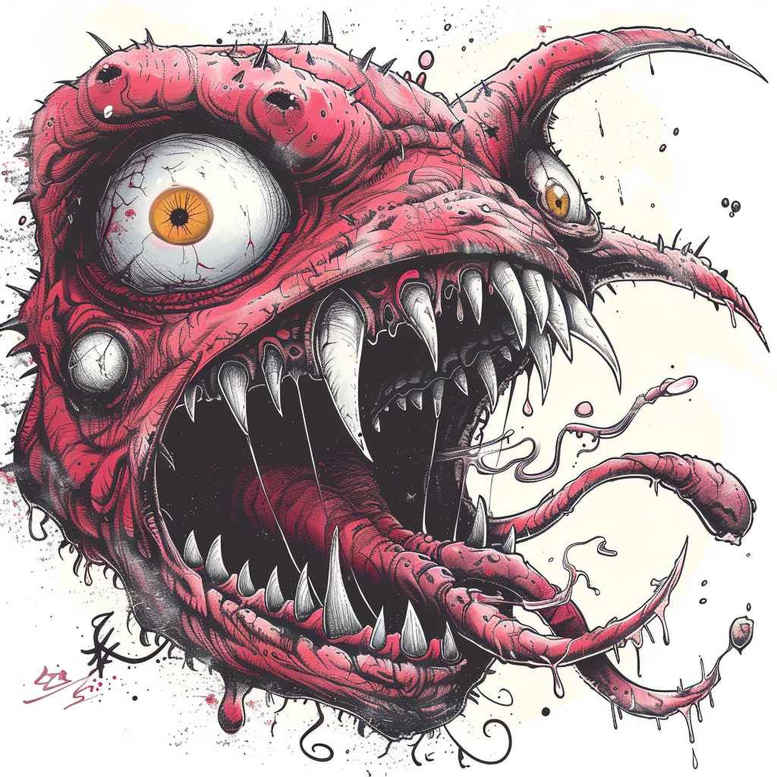 Red demon fish creature with orange eye, white teeth, and long red tongue; black shading; project for cover-up tattoo design.