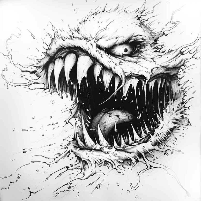 Monstrous mouth with jagged teeth and a dark eye, plus jaw and spikes in black and grey; concept for cover-up tattoo project.