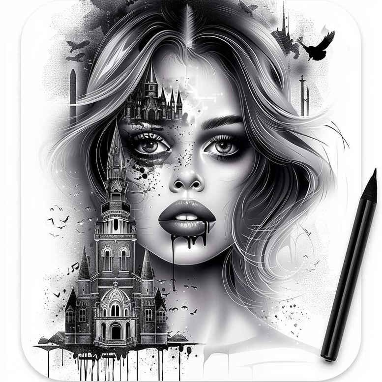 Face of a woman in black and grey with Gothic cathedral backdrop, birds, and pencil; AI-generated tattoo project idea, cover-up ready.