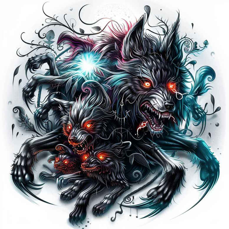 Dark black and grey wolf with red eye, entwined with tendrils and smoke; AI-generated tattoo project, cover-up friendly.