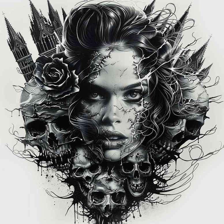 Black and gray portrait of a woman's face entwined with skulls and floral elements; project concept, suitable for cover-up.