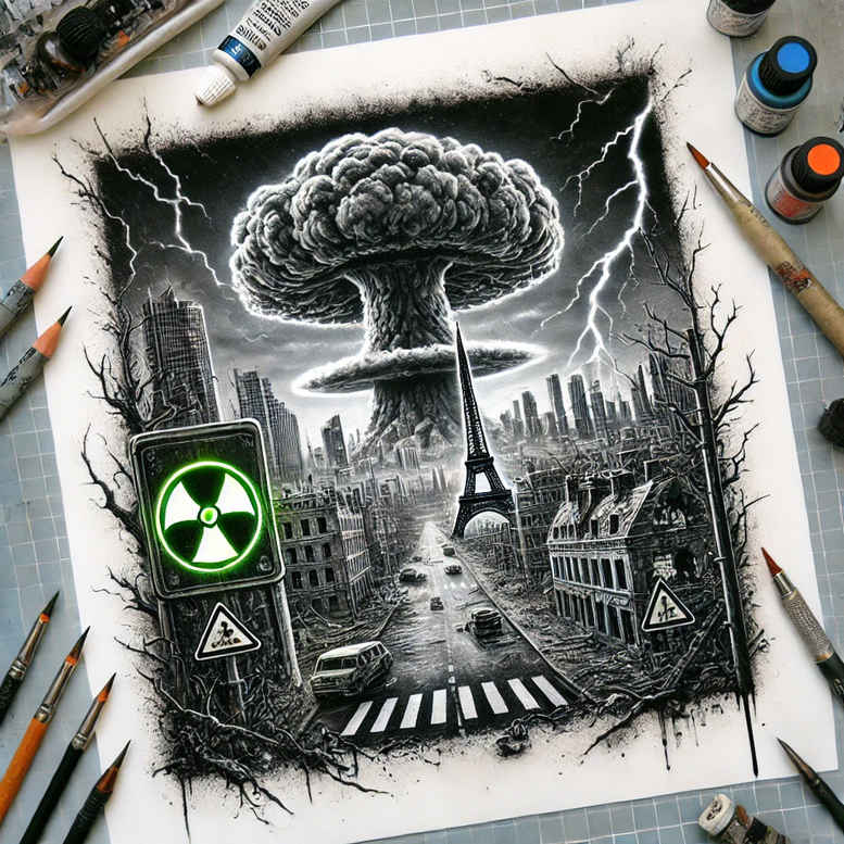 Black and grey tattoo concept: nuclear mushroom cloud over a city skyline with Eiffel Tower silhouette, green radiation traffic light, warning sign, crosswalk; cover-up ready.