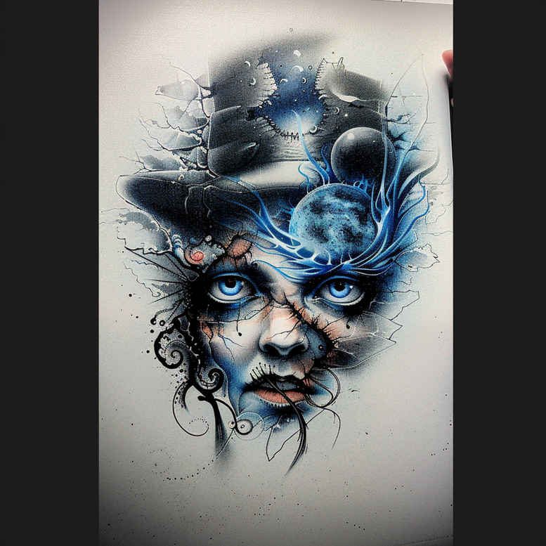 Portrait of a woman's face in blue ink with black shading and watercolor splatter; concept tattoo project, cover-up ready.