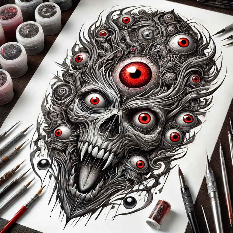 Skull with many red eyes in black and grey, sharp teeth, and tangled shading pattern; a cover-up tattoo project concept (AI-generated).