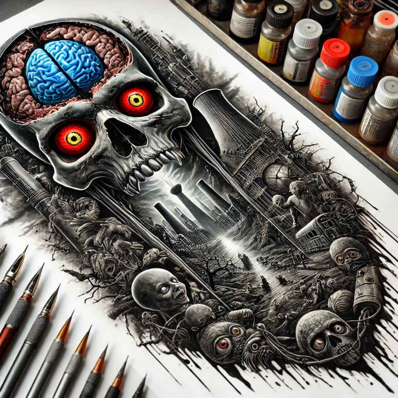 Central skull with blue eye, surrounded by smaller skulls in black and grey; AI-generated tattoo project; ideal for cover-up.