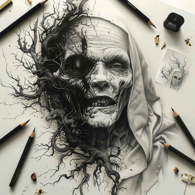 Portrait of a face merged with tree branches in black and grey; cover-up tattoo project.