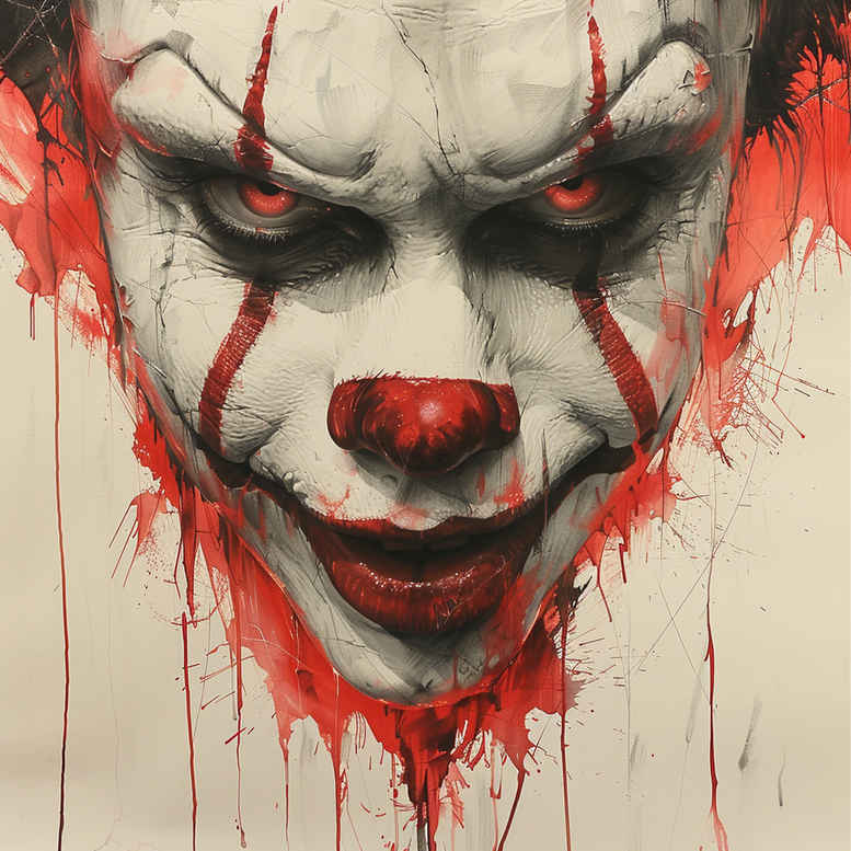Close-up of clown face with white skin, red drips, and black shadows; color tattoo design concept; project idea; cover-up ready.