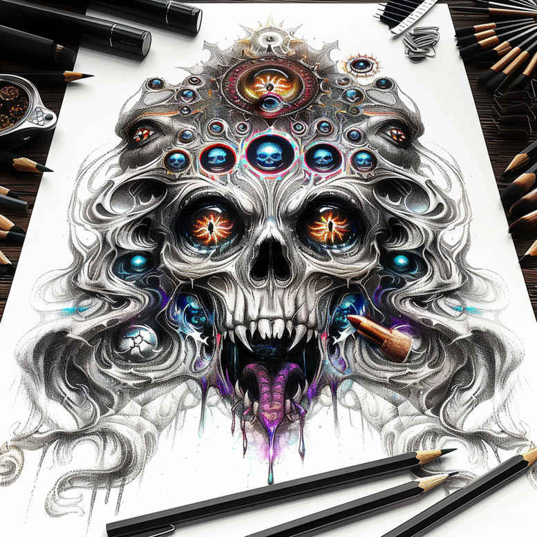 Skull with gem crown, flowing hair, visible jaw, black and grey; project idea; suitable for cover-up.