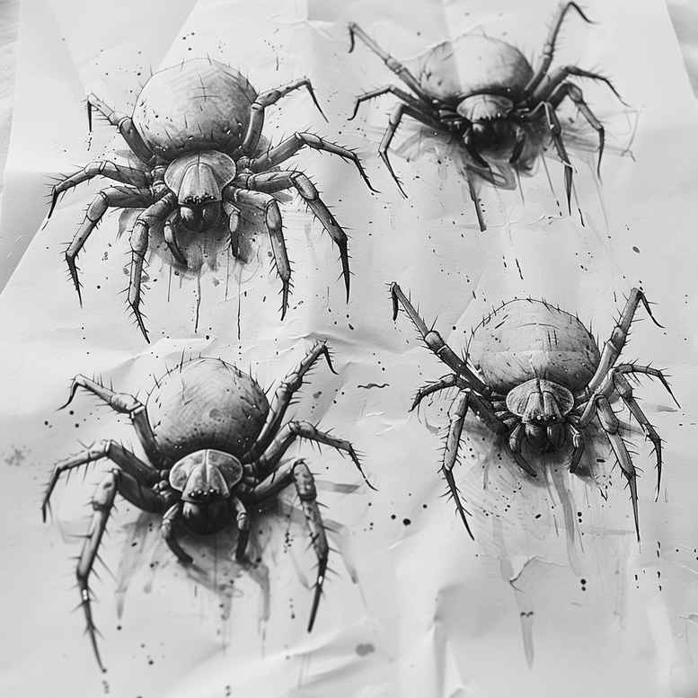 Spider in black and grey on a pale background; AI-generated tattoo project idea, suitable for cover-up, pattern.