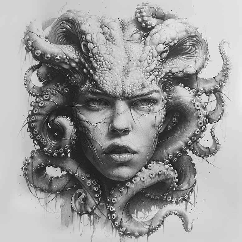 Medusa head with coiled snakes in black and grey shading; AI-generated tattoo project, cover-up-ready concept.
