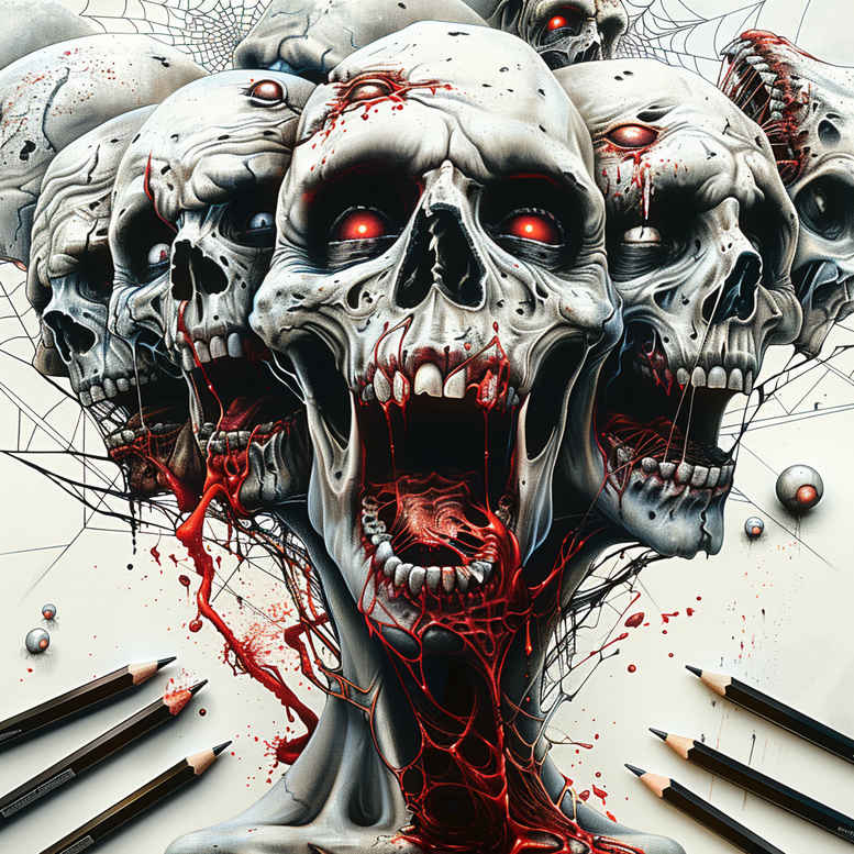 Three white skulls with red blood and a knife on a pale background; black and grey shading; AI-generated tattoo project; suitable for a cover-up.