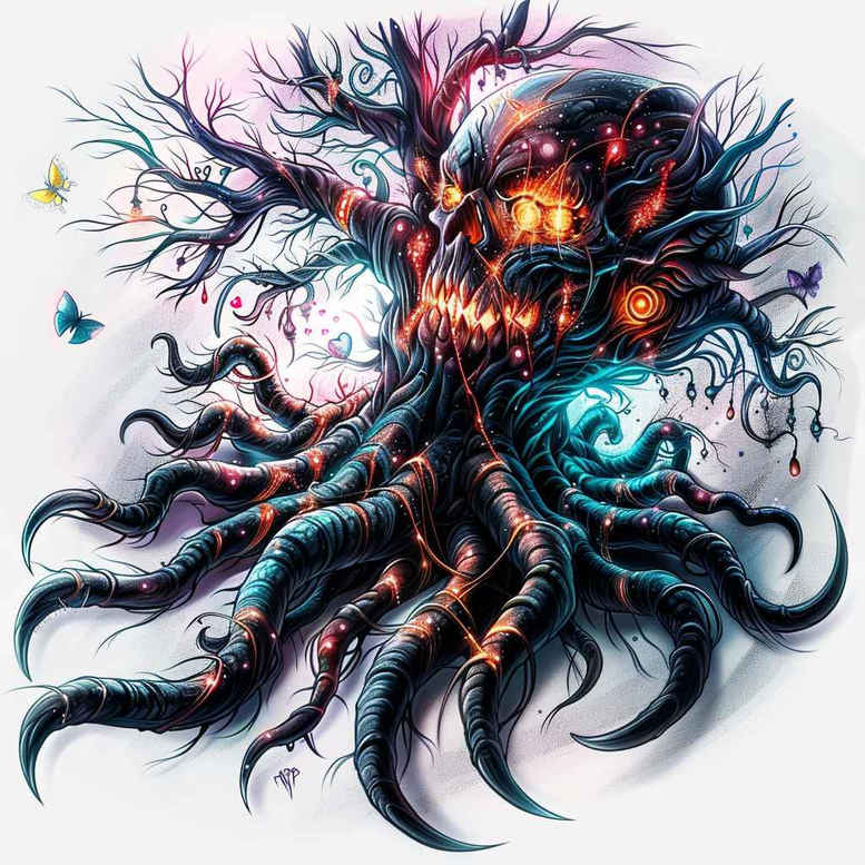 Dark black and grey tentacled tree creature with teal glow and orange embers; cover-up ready tattoo design concept.