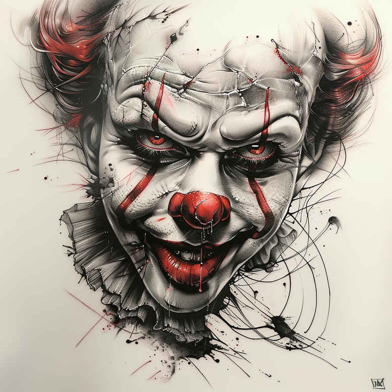 Clown face in black and grey with red nose and eyes, pattern lines; project idea for tattoo design, cover-up ready.