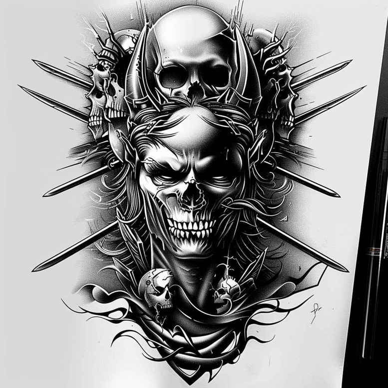 Skull with crown and spikes in black and grey; a cover-up-ready tattoo design concept (AI-generated).