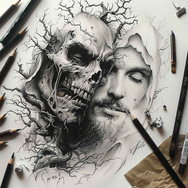 Skull and portrait blend in black and grey realism with crack-pattern branches; pencils and paper visible; AI-generated tattoo project for cover-up.