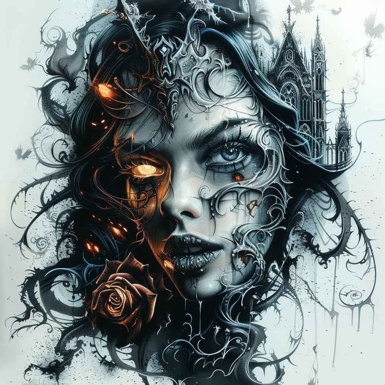 Face with rose, vine, hair, eye, and castle in black and grey; tattoo design idea, cover-up ready, pattern.