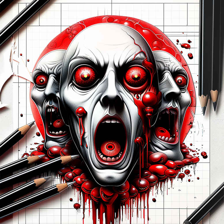 Mask with screaming mouths and red eyes, blood splatter, pencils, and grid background; color tattoo concept, AI-generated, cover-up ready.