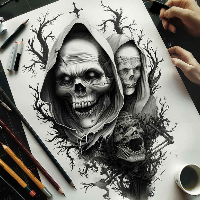 Skull, Grim Reaper, tree silhouettes, and circular frame in black and grey; AI-generated tattoo project; cover-up-ready concept.