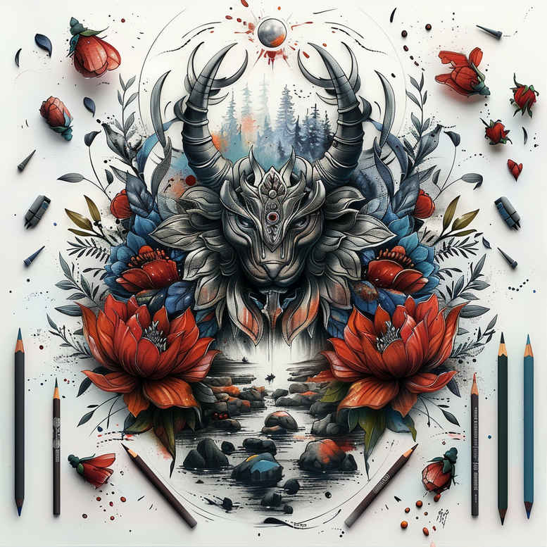 Stag head with blue-gray shading, antler, red flower blossoms, leaves, and geometric accents; color; project idea; not specifically for cover-up.