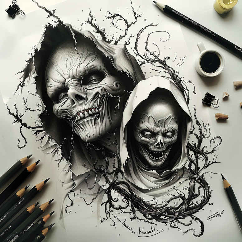 Skull and hooded figure in black and grey with tangled branches; pattern-filled, cover-up ready tattoo design idea.