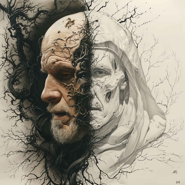 Split portrait of a man's face in black and grey ink: heavy left shading, light right linework, hooded elements, and hair; a cover-up tattoo project.