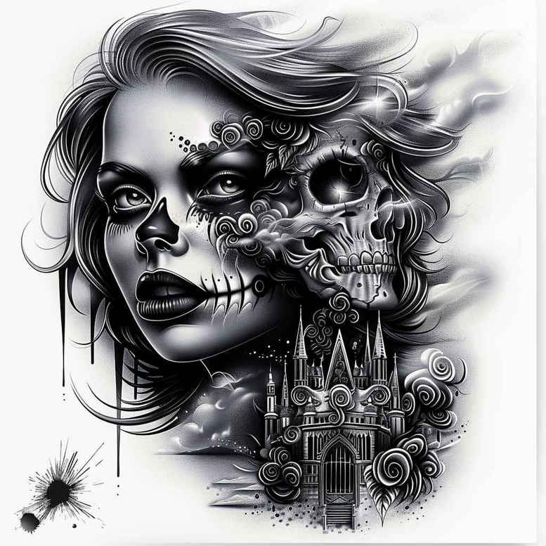Portrait of a woman with a skull, Gothic cathedral, entwined vines, and a butterfly in black and grey; tattoo project idea, cover-up suitable.