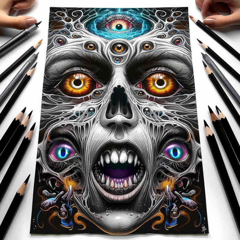 Skull, eye, hand, paper, pencil; black and grey; AI-generated tattoo project; cover-up suitable.