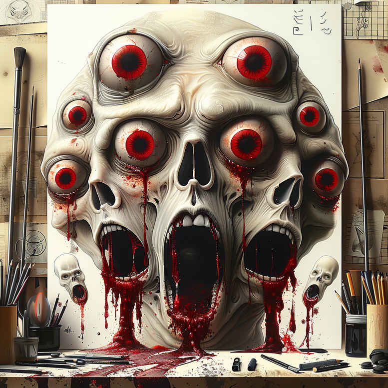 Dark skull with many red-eyed orbs and dripping blood, surrounded by brushes and tools in black and grey; tattoo project idea for cover-up; pattern-heavy.