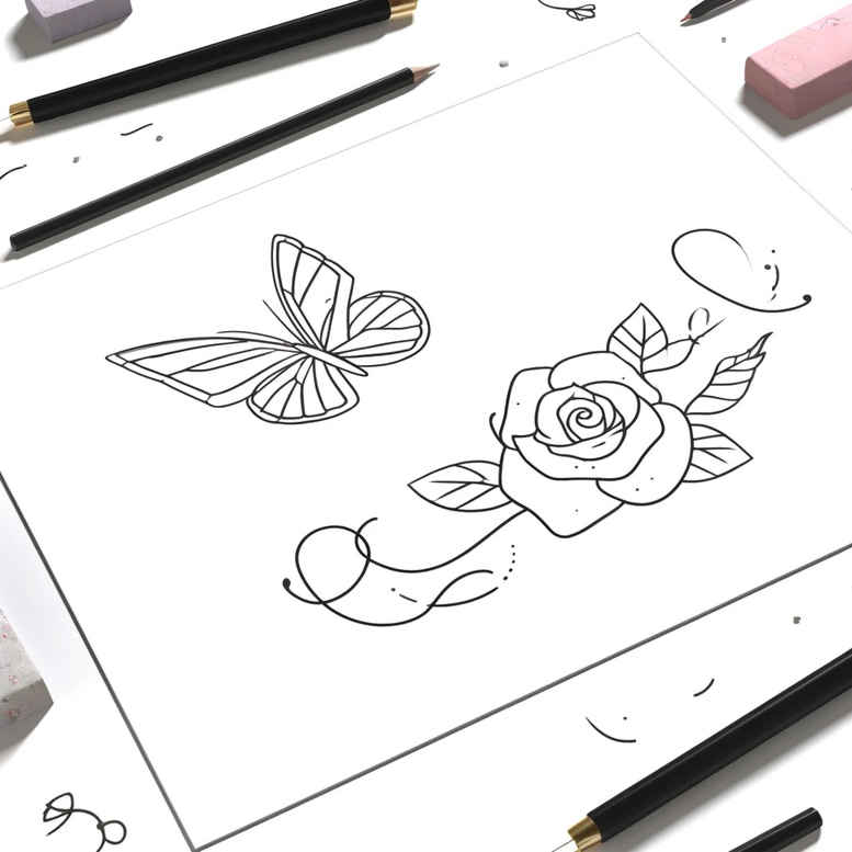 Butterfly and rose line art on white paper; black ink, project idea for tattoo design; not ideal for cover-up.