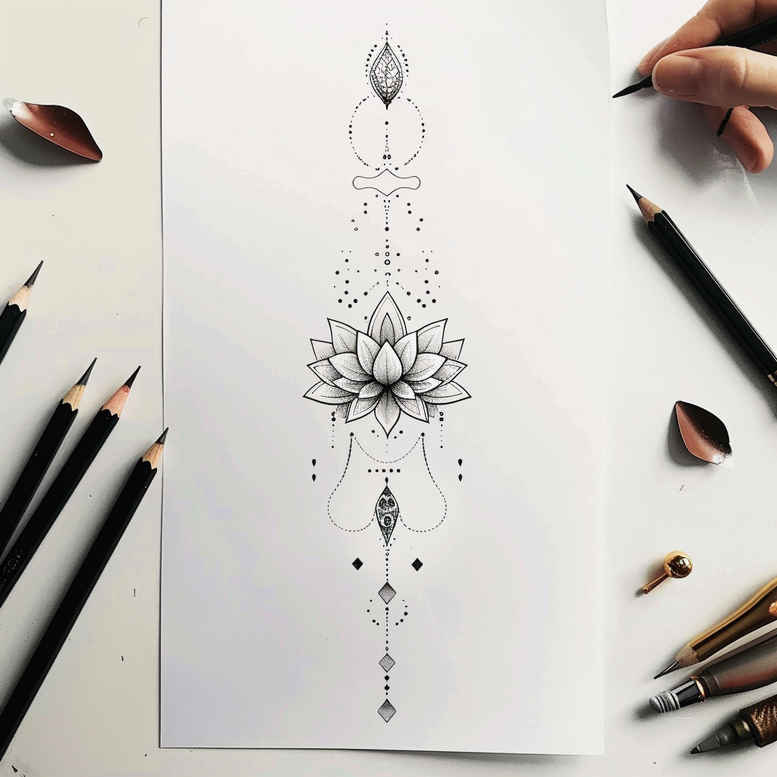 Lotus, mandala, dot, and line in black and grey linework; project concept; not specifically designed for cover-up.