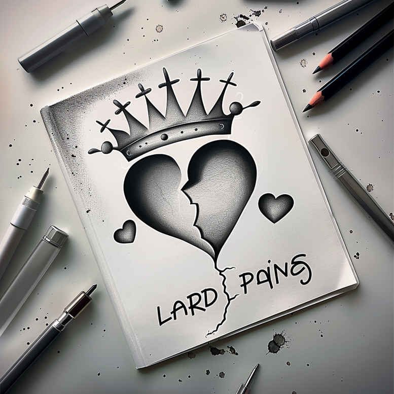 Crown over a broken heart on white paper in black and grey; tattoo design concept, project idea.