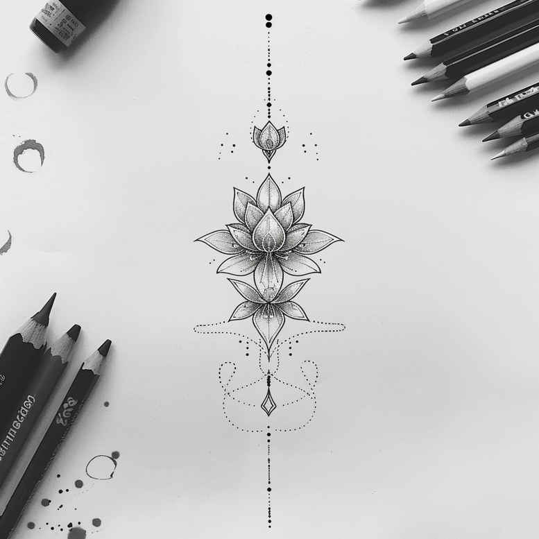 Lotus and mandala geometric linework in black and grey on paper; tattoo design sketch for a potential project; not explicitly a cover-up.