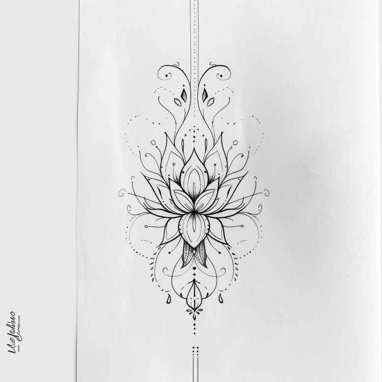 Lotus, petals, line, and dot in black and grey; AI-generated tattoo project concept; suitable for cover-up.