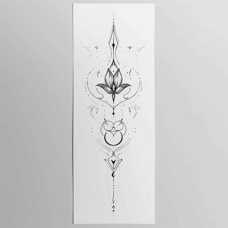 Ornamental vertical line art featuring diamond shapes, dots, and symmetrical embellishments in black and grey; tattoo design concept, a project idea; suitable for a cover-up.