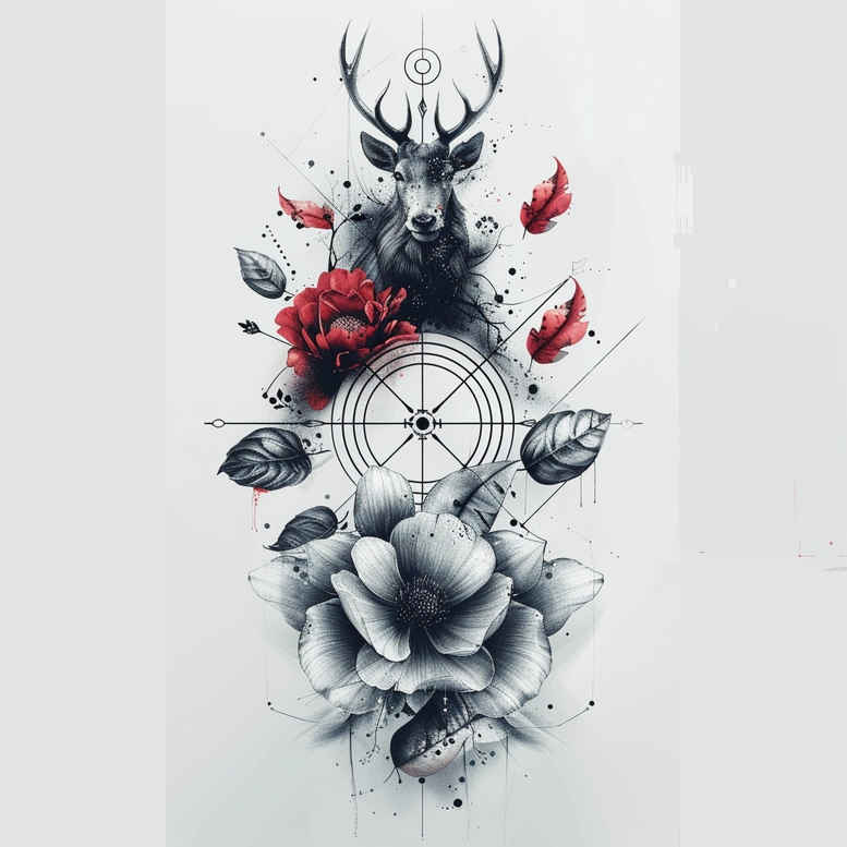Stag head with antler over a circular target, blue watercolor and black-and-grey floral bouquet with red petals; clear cover-up tattoo idea.