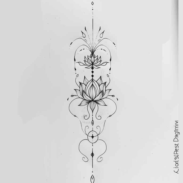 Black and grey tattoo design concept with lotus, mandala, and ornamental floral elements; project idea, cover-up ready.