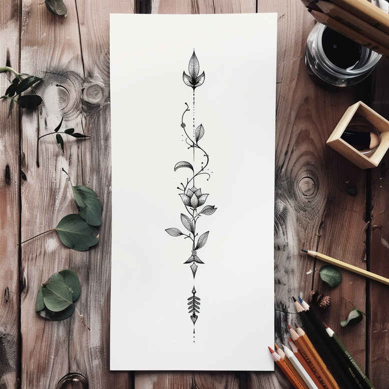 Black and grey botanical line drawing featuring a vertical stem with leaves and small flowers on white paper; tattoo concept, fine line project, suitable for cover-up.