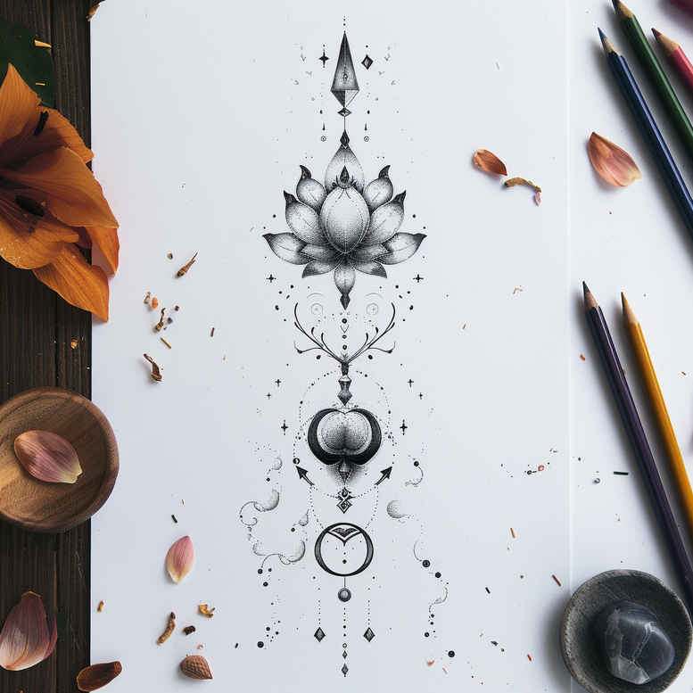 Black and grey tattoo design featuring a centered lotus, diamond accents, and circular beads forming a vertical mandala; project idea; not for cover-up.
