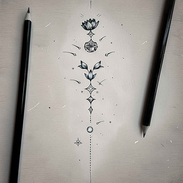 Flower, diamonds, circles, and beads in black and grey linework; a project concept for a vertical tattoo design, suitable for cover-up.