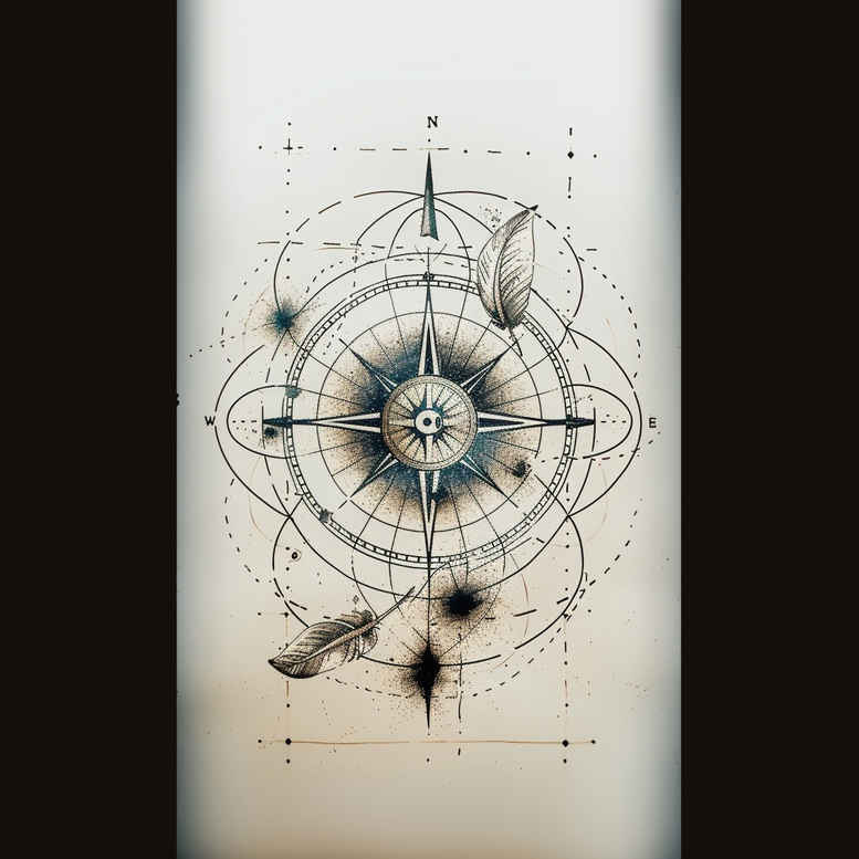 Central compass rose within concentric circles with geometric lines and dots, plus a small ink splatter on a light background; a black and grey tattoo design concept.