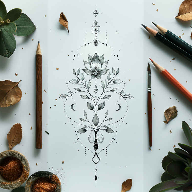 Lotus mandala with symmetrical vines in black and grey on white page; pencil sketch style; tattoo design idea; not a cover-up.
