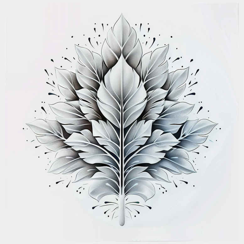 Black and grey, symmetrical leaf bouquet tattoo design with fine line detailing; project idea; not ideal for cover-up; visible elements: leaves, central stem, shading.