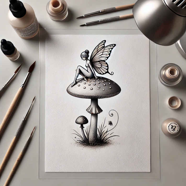 Mushroom and bird ink drawing in black and grey on paper, with small flowers and drawing tools visible; tattoo project concept.