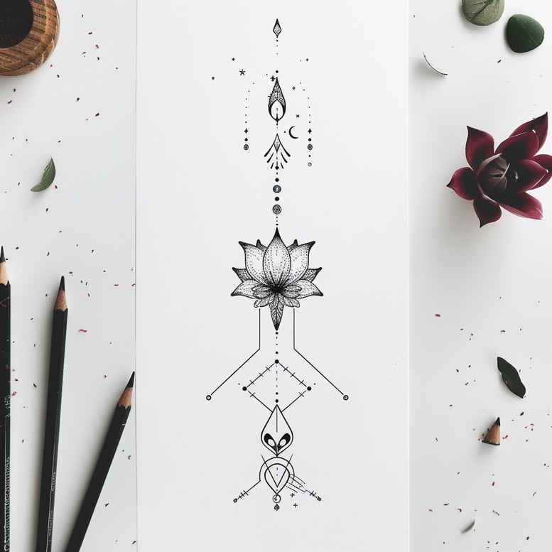 Lotus pendant chain line art in black and grey; pencil sketch tattoo concept, cover-up suitable.
