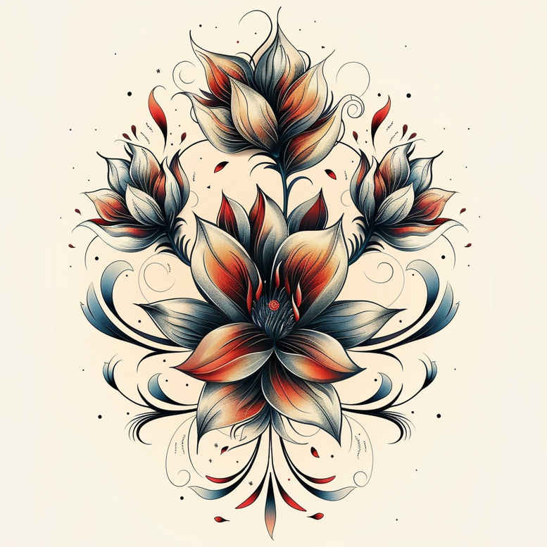 flower-harmony-tattoo – tattoo design ideas free ai generated – surrealism-metaphysical – for-knee – Gallery: other-flowers-inkby-ai