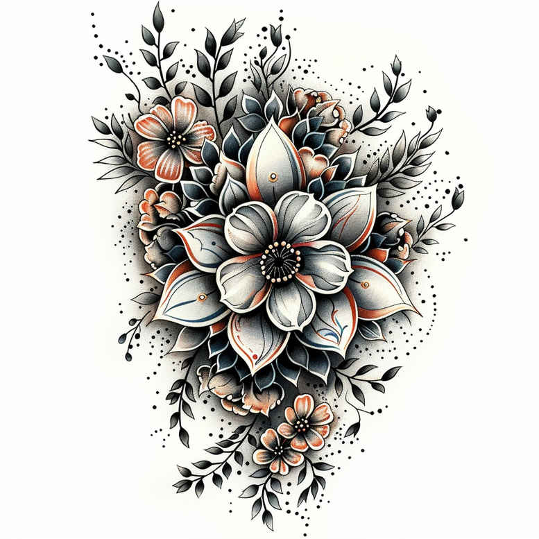 flower-life-symbol – tattoo design ideas free ai generated – neotraditional-vibrant-palette – for-nape – Gallery: other-flowers-inkby-ai