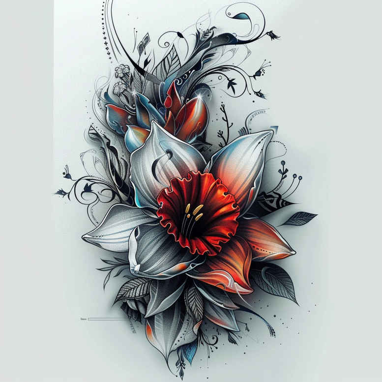 flower-motif-tattoo – tattoo design ideas free ai generated – neotraditional-vivid-color – for-hip – Gallery: other-flowers-inkby-ai