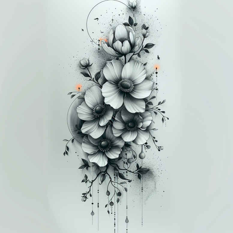 flowers-with-ornament – tattoo design ideas free ai generated – realism-natural-blush – for-upper-arm – Gallery: other-flowers-inkby-ai