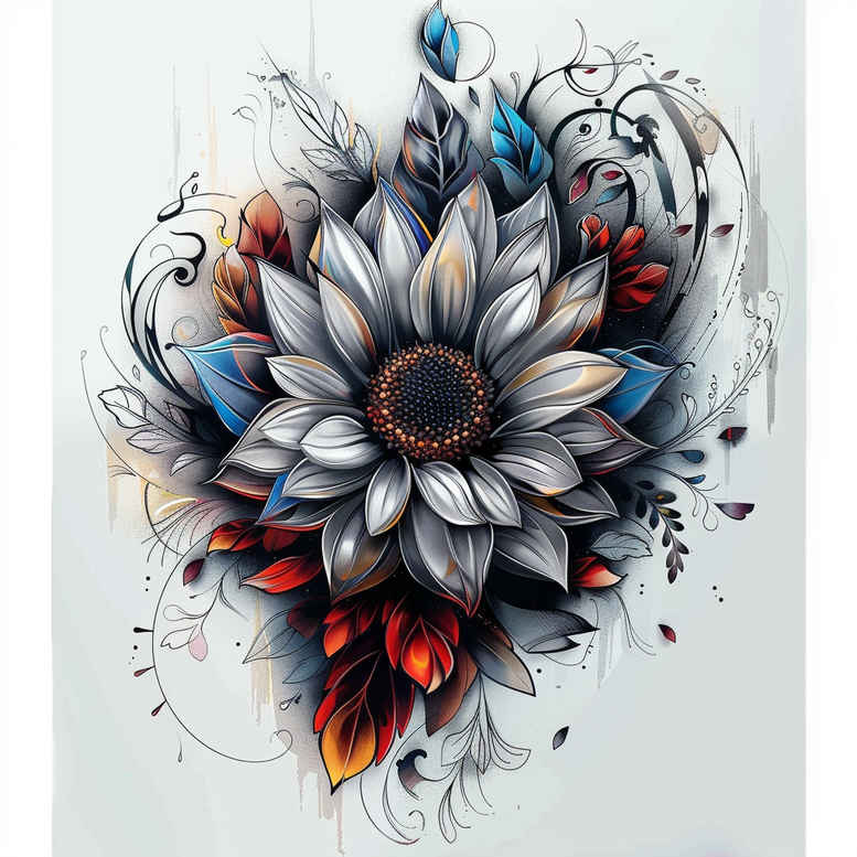 Flower with blue-grey petals and a dark center, orange accents, swirls and splashes; a pattern-rich watercolor tattoo design concept, project for cover-up.